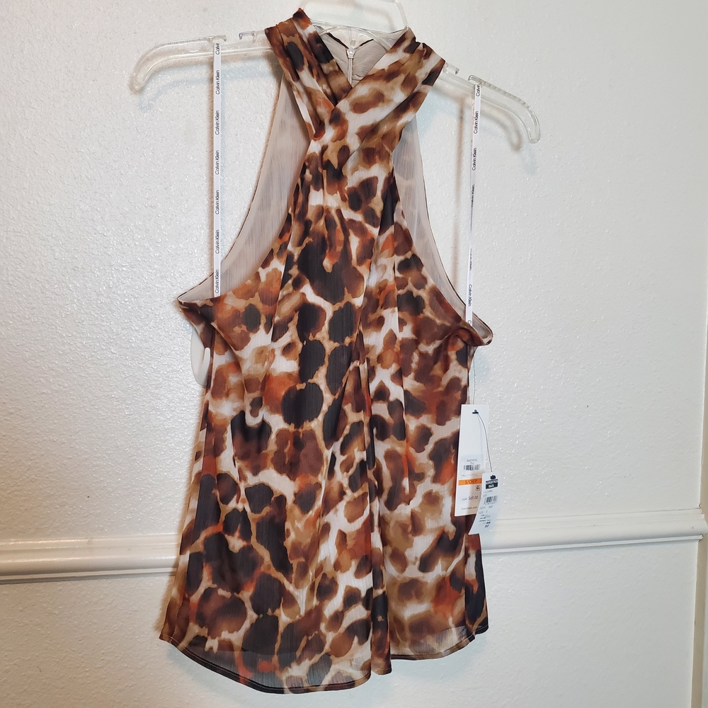 Calvin Klein Womens Leopard Print Twist Neck Halter Top Brown S S45TH95C